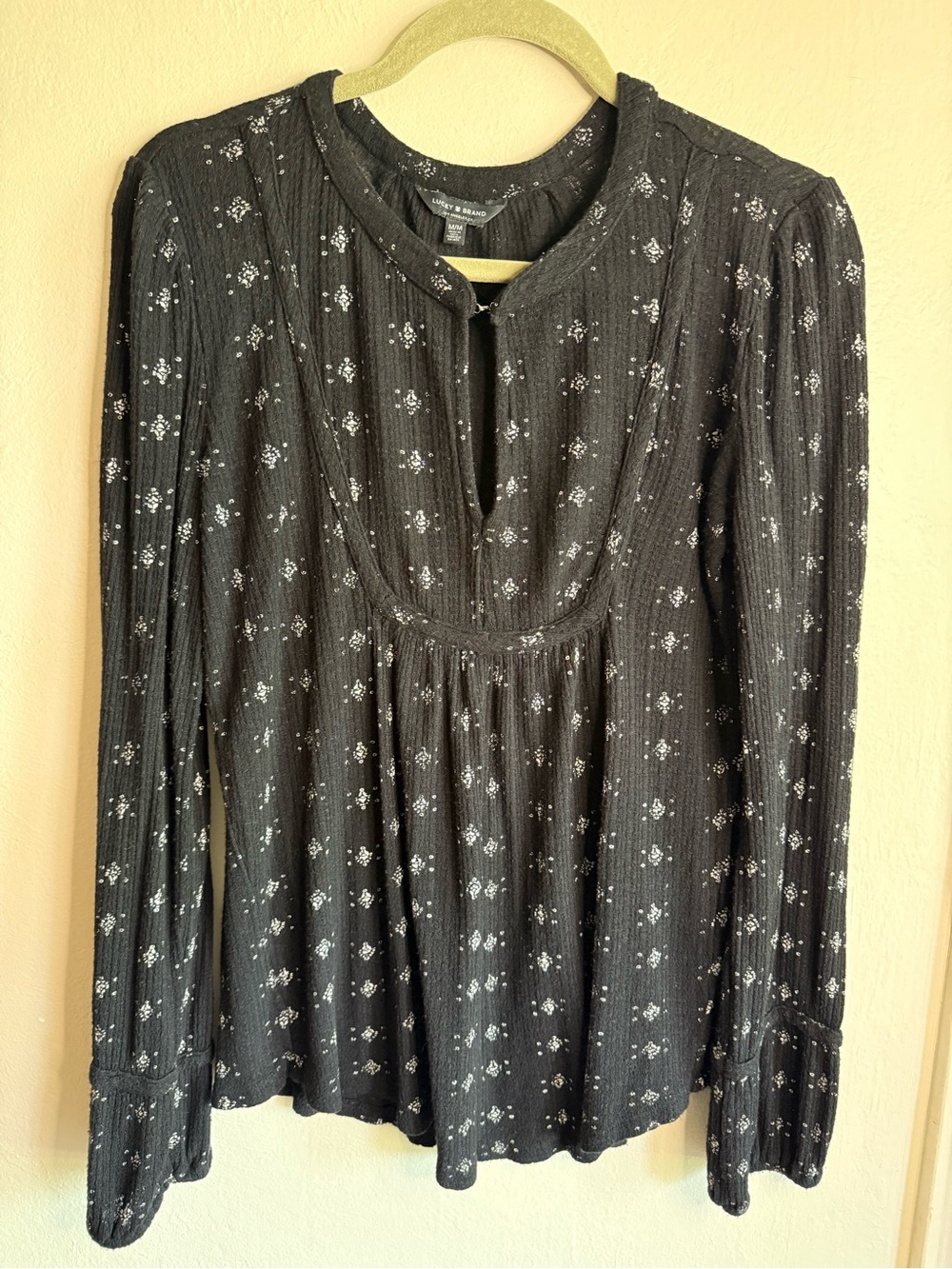Lucky Brand Women’s M Black Floral Boho Peasant Blouse Long Sleeve Tunic